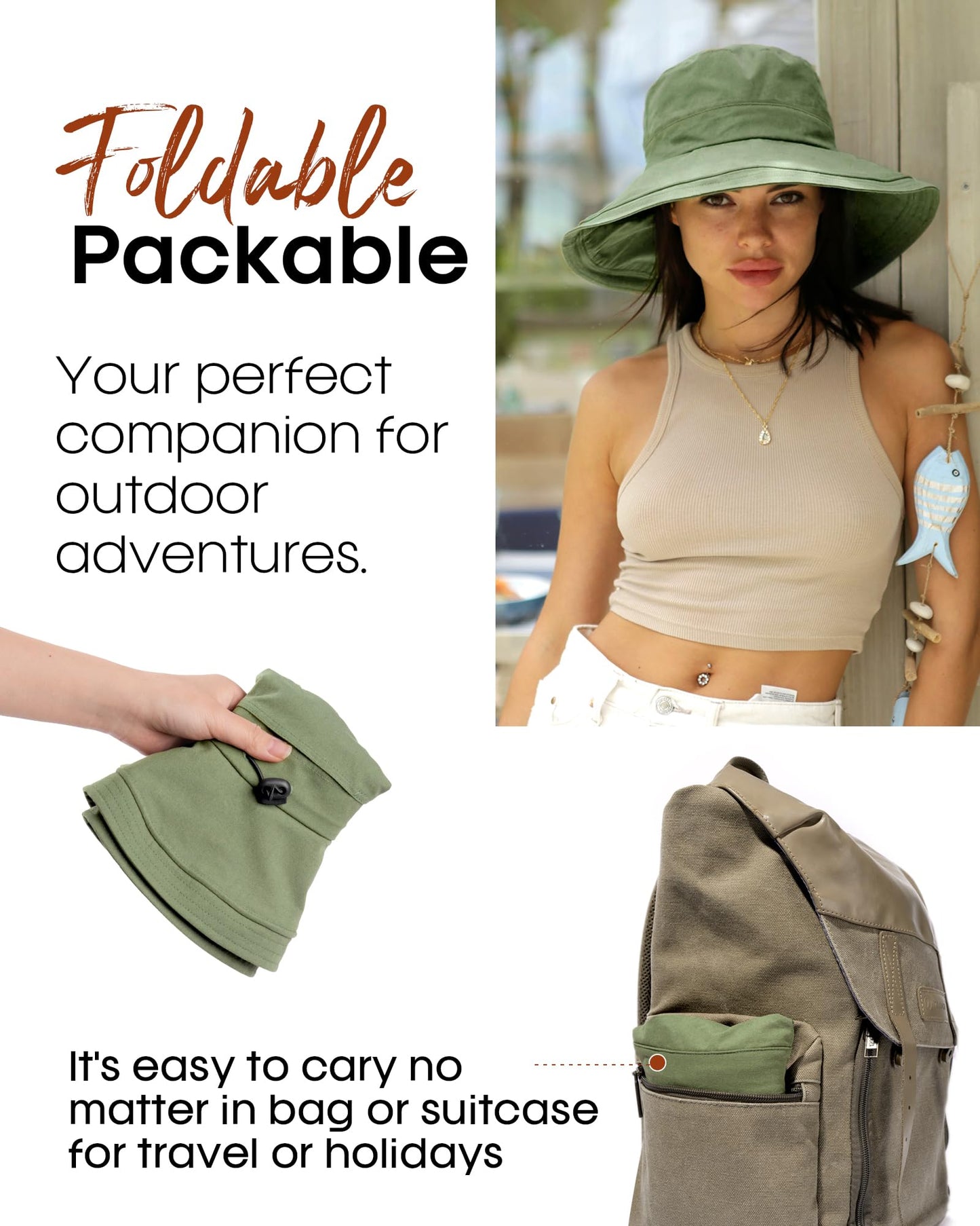 Sun Hats for Women Gardening Hat Wide Brim Ponytail Beach Sun Protection Breathable Cotton Summer Hat with Fold-Up Brim Green