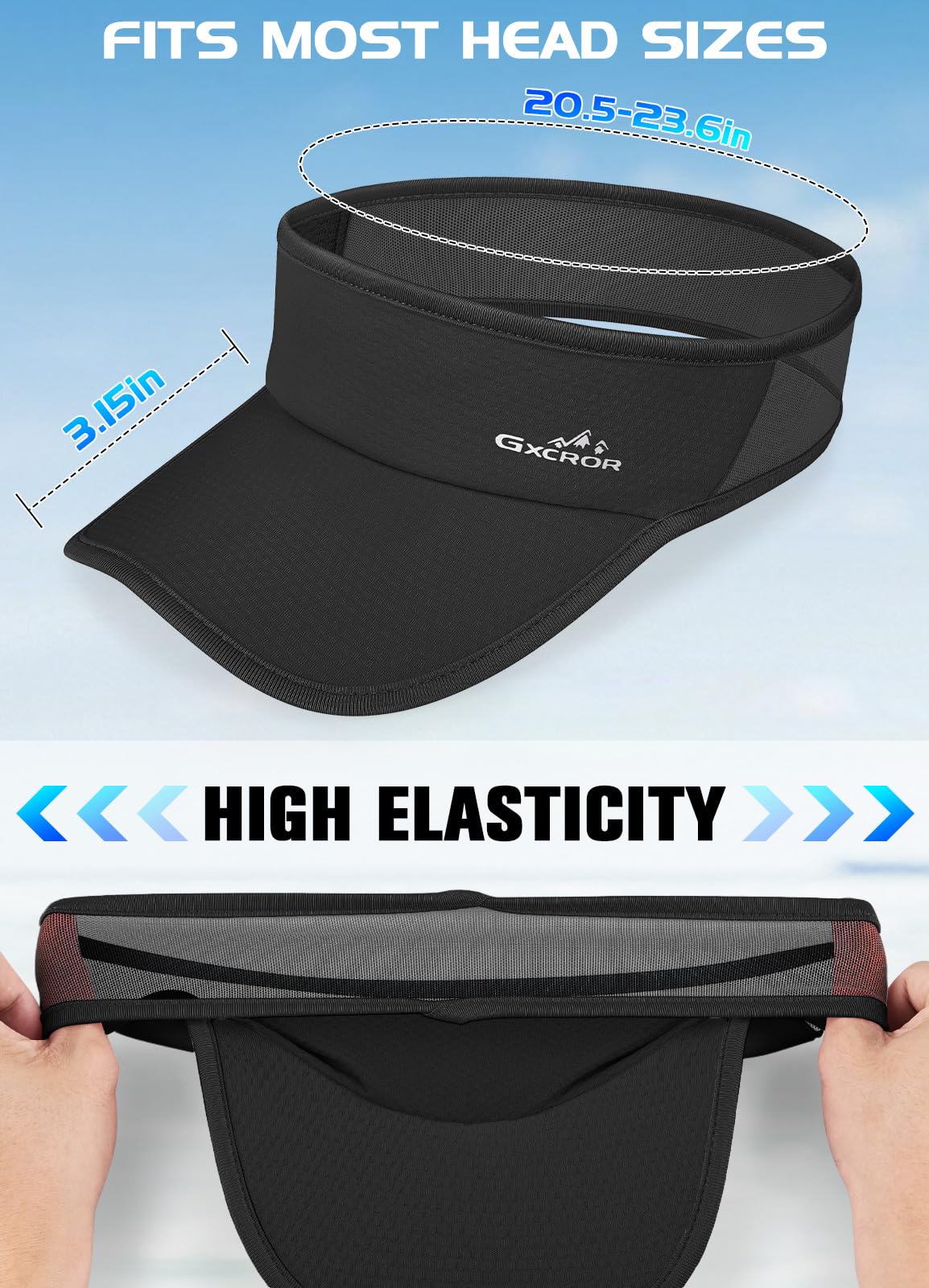 GXCROR Sports Sun Visor Hat Men Women, Lightweight Breathable Quick-Dry Visor Hat, UPF 50+ Tennis Golf Running Visor Black