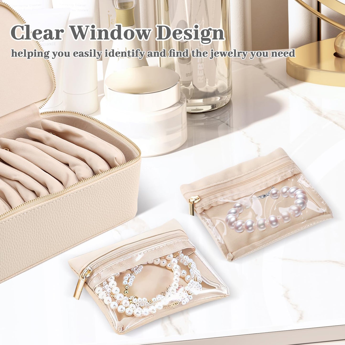 NCONCO Travel Jewelry Box, PU Leather Travel Jewelry Organizer, Portable Travel Jewelry Case with 12pcs Velvet Jewelry Bags for Necklaces Rings Earrings Sorting Storage