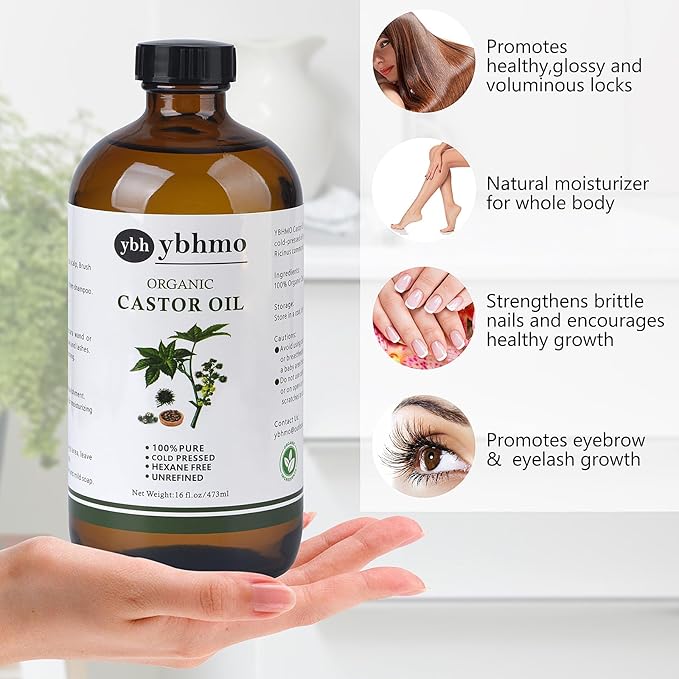 Cold Pressed Castor Oil Organic Glass Bottle(16 Fl Oz),100% Pure ，Hexane Free for Hair Growth & Care, Castor oil pack & Moisturize Body Skin