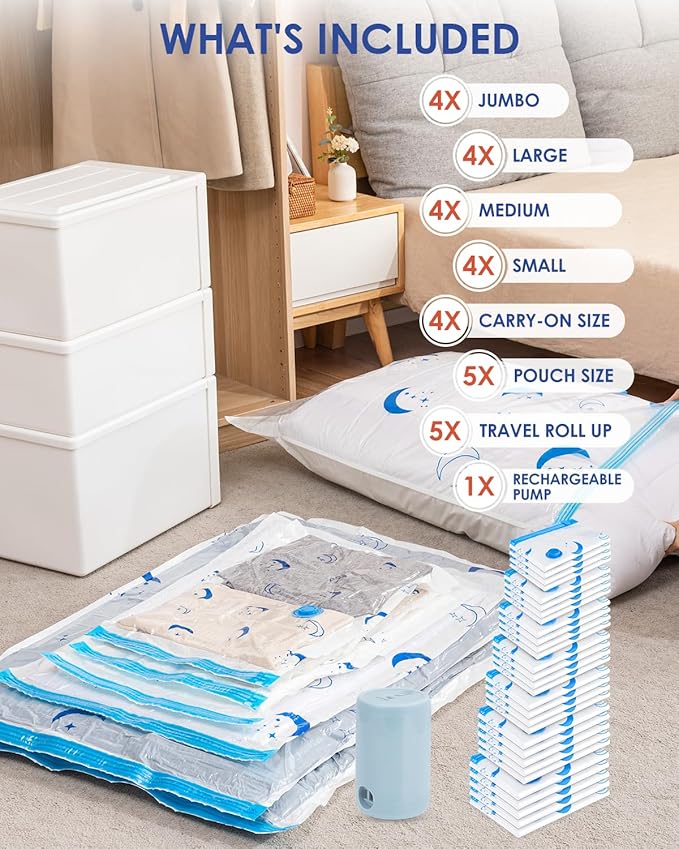 Vacuum Storage Bags with Electric Pump, 30 Pack Vacuum Sealed Bag with 1500mAh Rechargeable Battery for Clothes, Blanket, Duvets, Pillows, Comforters, Travel