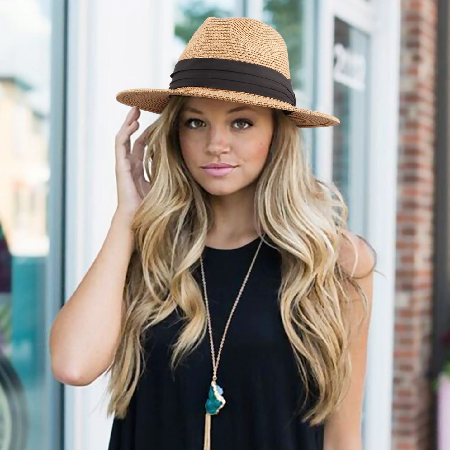 DRESHOW Women Straw Panama Hat Travel Fedora Beach Sun Hat Summer Wide Brim Straw Roll up Hats UPF 50+