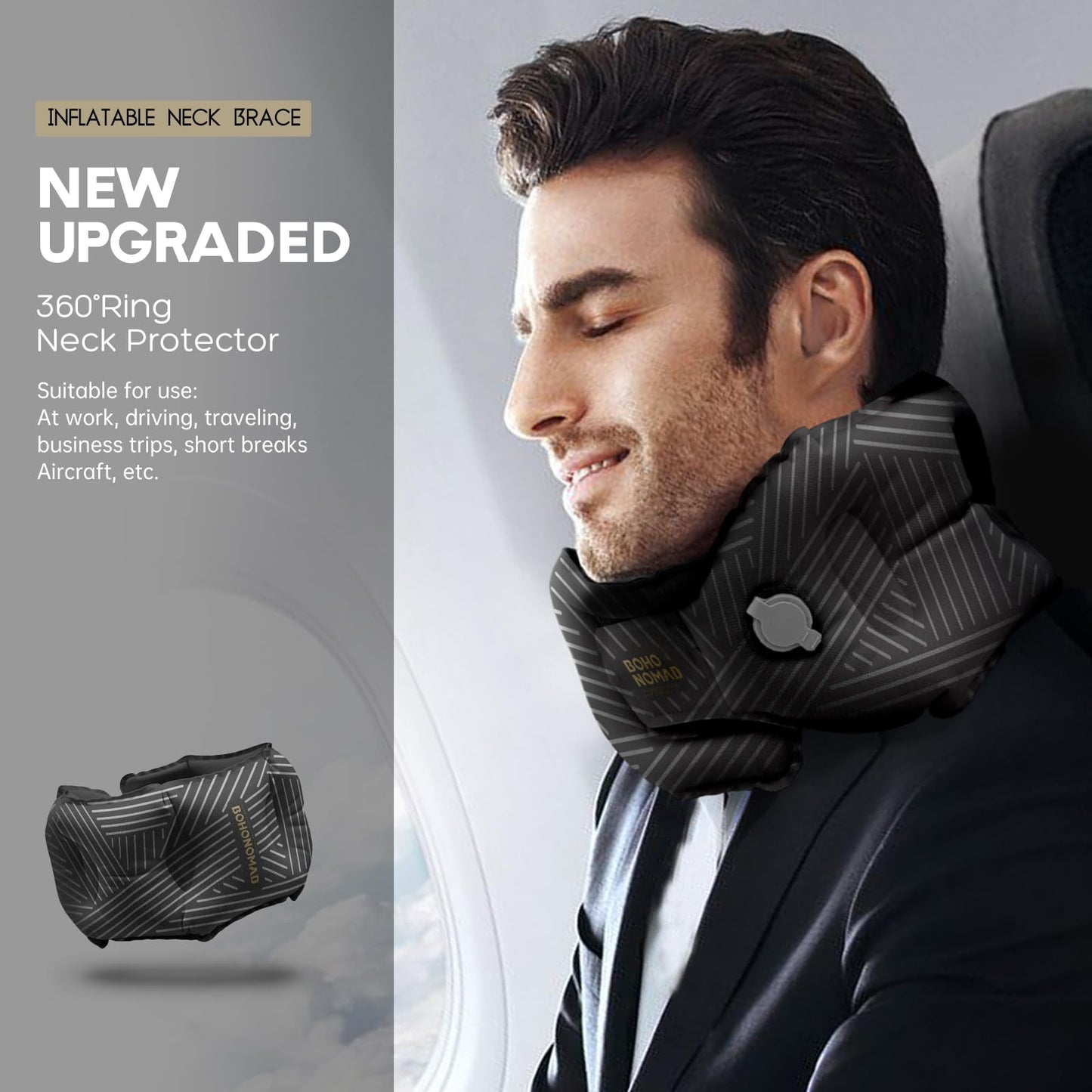 Arbergarden Inflatable Neck Pillow for Travel – Adjustable Blow Up Pillow for Airplane, Car, Train, Office, and Home – Compact, Lightweight, Ergonomic Neck Support Pillow for Sleeping Anywhere(Black)