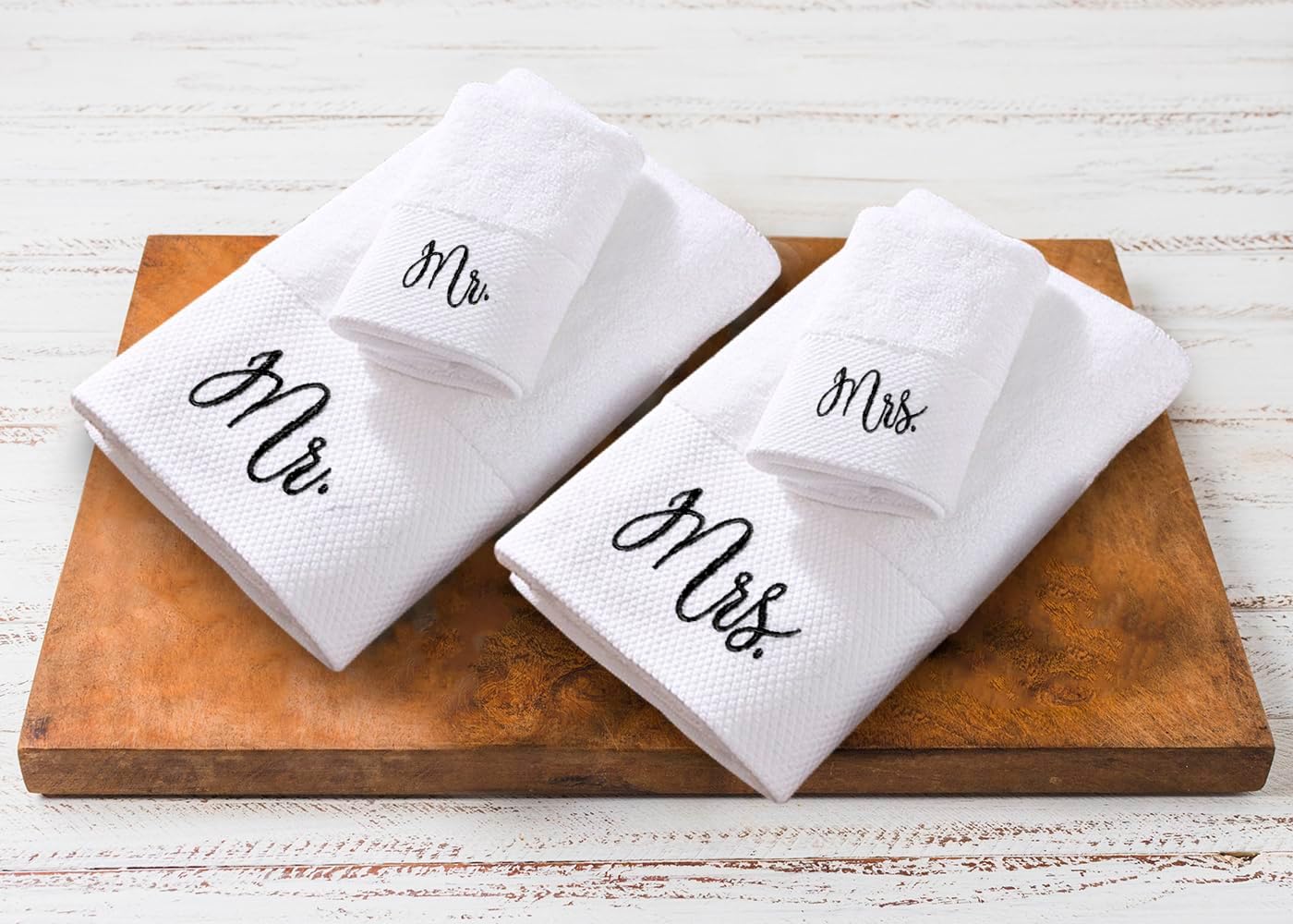 RUBBER BOND Mr and Mrs Towels Set with Gift Box - 4 Pack Bath and Hand Towels - Cotton Towels Set - Wedding, Honeymoon Gifts for The Couples - White Bathroom Towel Set with Black Embroidery