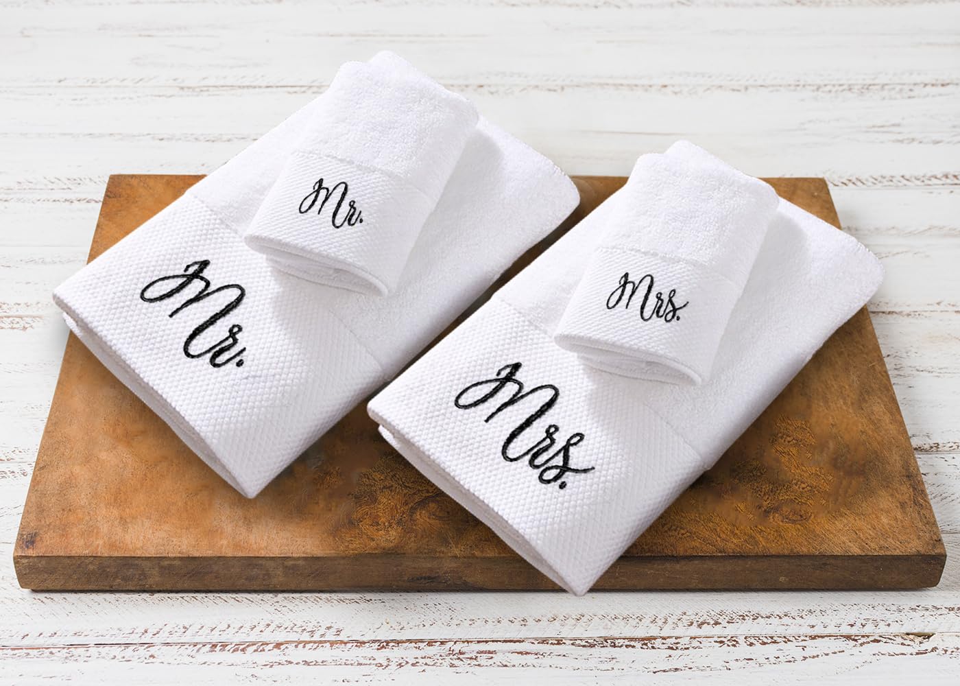 RUBBER BOND Mr and Mrs Towels Set with Gift Box - 4 Pack Bath and Hand Towels - Cotton Towels Set - Wedding, Honeymoon Gifts for The Couples - White Bathroom Towel Set with Black Embroidery