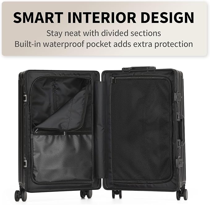 24 Inch Zipperless Checked Travel Luggage with Spinner Wheels,ABS+PC Hard Shell Suitcase with TSA Approved USB Port,Cup & Phone Holder for Women Men,Black