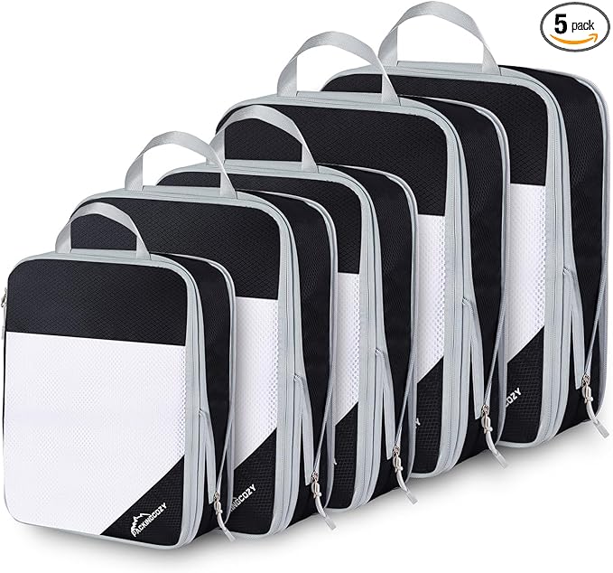 Compression Packing Cubes, 5 Set Packing Cubes for Travel Compression, Lightweight Compressible Package Organizer for Carry On and Suitcases, Black