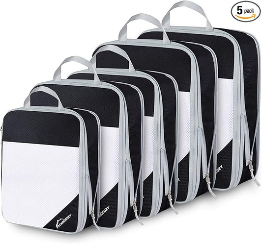 Compression Packing Cubes, 5 Set Packing Cubes for Travel Compression, Lightweight Compressible Package Organizer for Carry On and Suitcases, Black