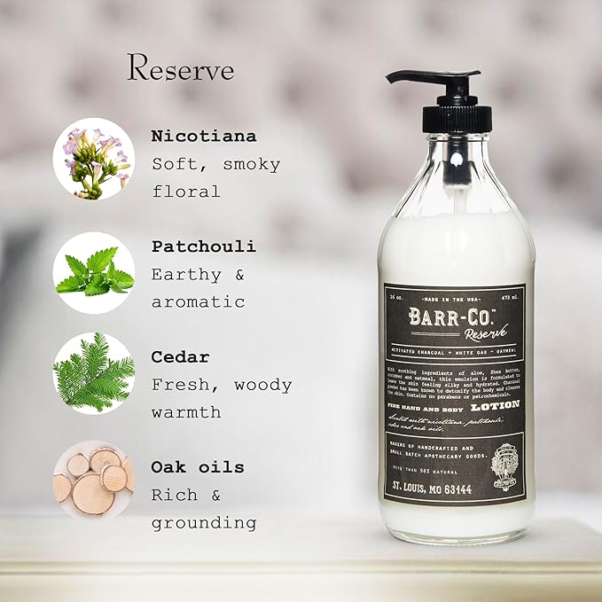BARR-CO. Reserve Scent Shea Butter Lotion, Earthy Tobacco Scent with Woody Notes, Shea Moisturizing Lotion for Sensitive Skin, 16 fl oz