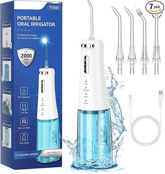 Travel-Ready 300ML Cordless Water Flosser for Teeth – IPX7 Waterproof, 4 Pressure Modes & 2000mAh Battery for Deep Cleaning at Home or On-The-Go (Blue & White)
