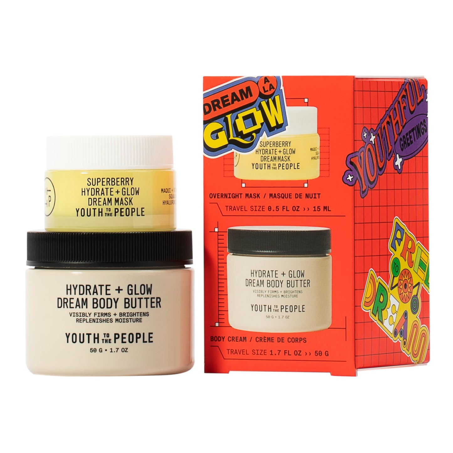 Youth To The People Dream A La Glow Set, 2-Pc Face + Body Hydration Giftset for Dry Skin ($40 Value), Mini Travel Moisturizers, with Superberry Dream Mask and Firming Body Butter