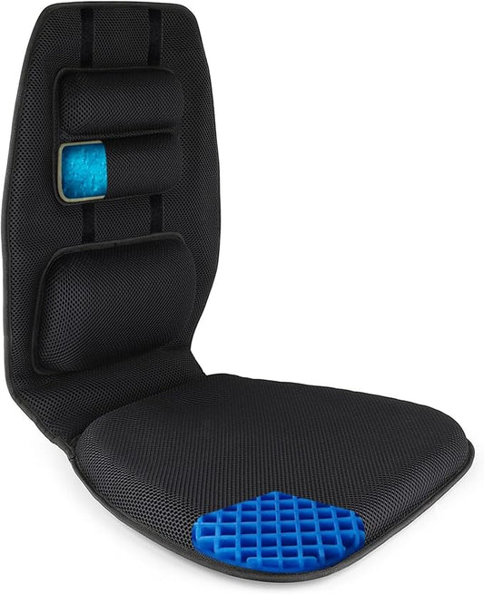 FOMI Gel Seat Cushion and Adjustable Back Support | Lumbar Pillow Flexible Placement for Upper Lower Thoracic, Coccyx, Pressure Sore Pain Relief | for Car, Office Chair, Gaming, Stadium | Posture Aid