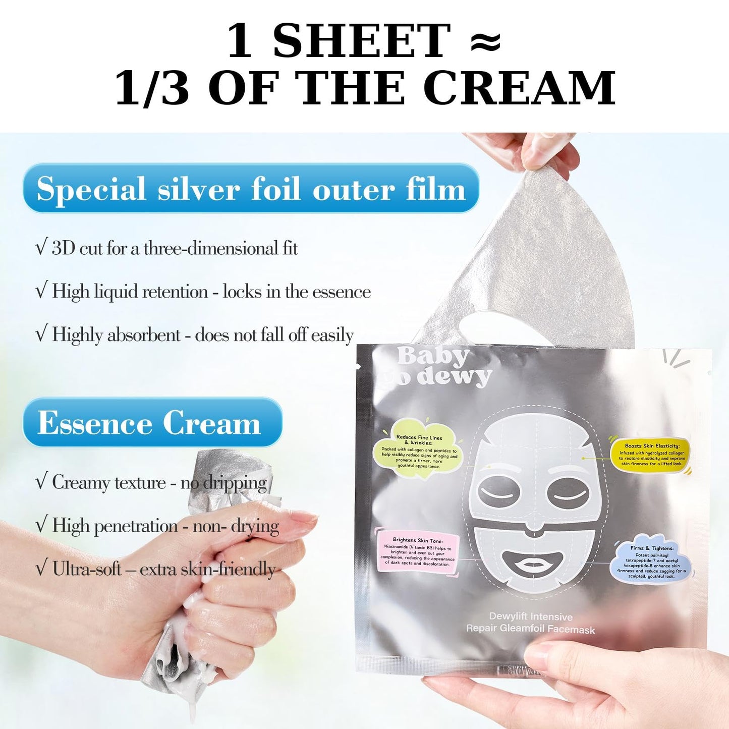 Baby Go Dewy Bio-Collagen‑Peptide Face Mask Sheets – Gleam Foil Intensive Overnight Hydrate Face & Neck Masks for Moisturizing, Firming & Lifting Care – 8 Count(4 Face Masks + 4 Neck Masks)