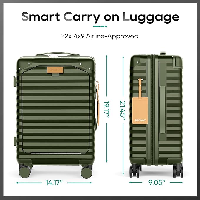 Joyway 20 Inch Carry on Luggage with Front Pocket, PC Hardshell Carry-on Suitcase with USB Port and Cup Holder, 21.5x14.2x9 Airline Approved, Luggage with Spinner Wheels and TSA Lock(Dark Green)