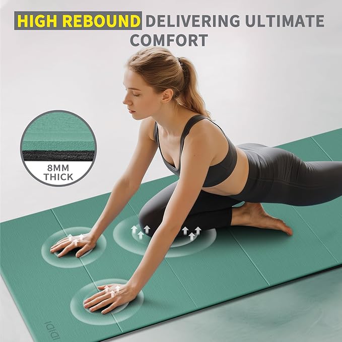 8mm Extra Large Foldable Yoga & Fitness Mat(74" x 31.5" x 0.32"), Double-Sided Non Slip & Lightweight Pilates Mat, Thick Wide Exercise Mats for Woman Man Kids, Portable Workout Mats for Travel, Studio or Home Use