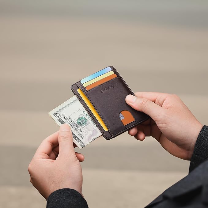Buffway Slim Minimalist Front Pocket RFID Blocking Leather Wallets for Men and Women - Pebble Brown