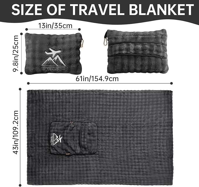 Travel Blanket and Pillow-2-in-1, Ultra-Soft&Compact, One-Piece Airplane Blanket with Hand Luggage Belt and Backpack Clip,Travelers Accessories Gifts, 61x43 Inches (Dark Grey)