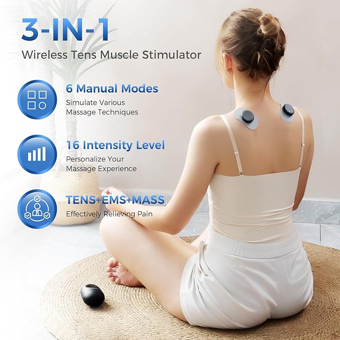 KingPavonini Wireless TENS Unit, Muscle Stimulator for Pain Relief, Portable Rechargeable TENS EMS Machine, LED Screen, Remote, Dual Channel 6 Modes 16 Intensity Massager, Charging Case (4 Pads)
