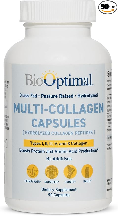 BioOptimal Multi-Collagen Supplement Capsules, Types I, II, III, V, & X Collagen, 90 Capsules