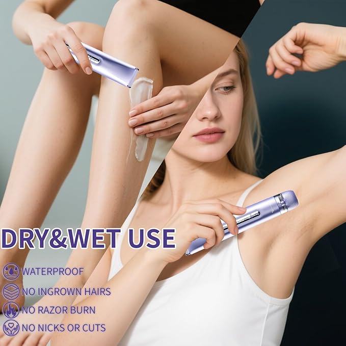 2-in-1 Electric Shaver & Bikini Trimmer for Women - Painless Electric Razor for Face,Body & Intimate Areas,Cordless Wet/Dry Shaver with Dual Blades,Waterproof for Shower&Travel (Lavender Purple)