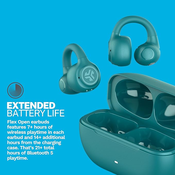 JLab Flex Open Earbuds, Clip-on Cuff Design, Wireless Open-Ear Audio Freedom Effortless Fit, Safe Listening, Bluetooth Multipoint, Customize with The App, Teal