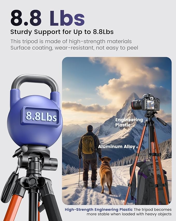 74"-Camera-Tripod, Professional Aluminum Heavy Duty Tripod Stand for Mirrorless Camera/DSLR/Cell Phone/Camcorder, with Holder and Travel Bag (Orange)