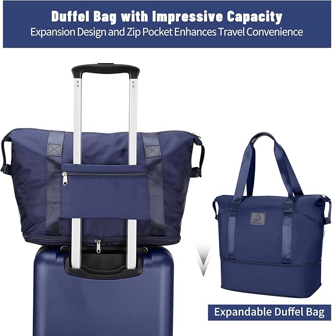 2 Piece Luggage Sets with Spinner Wheels Front Open Pocket, ABS+PC Suitcase with TSA Lock & YKK Zipper, Carry On 20/24 inch Medium +Toiletry Bag+Handbag, Deep Dark Navy Blue