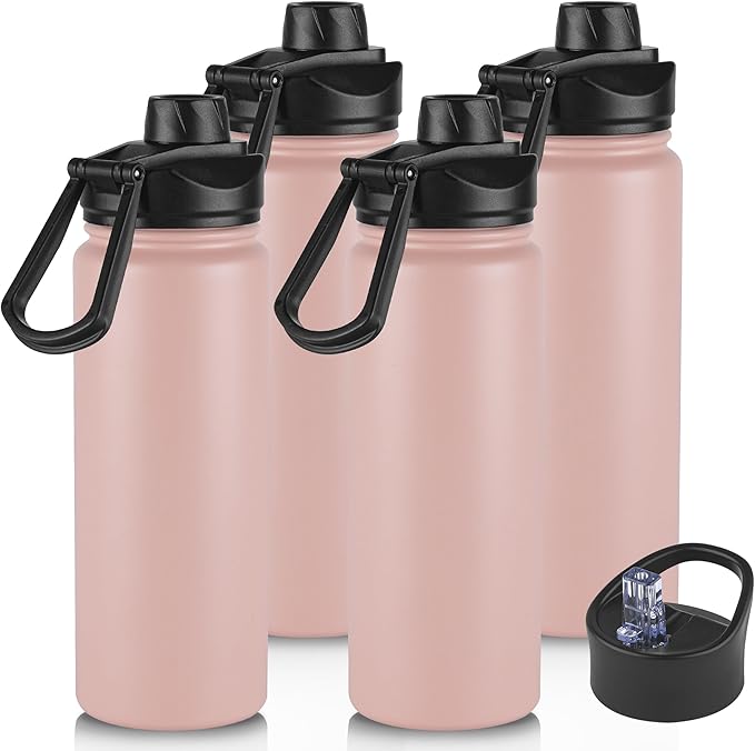 16 oz Insulated Water Bottle with Straw Lids, Stainless Steel Kids Water Bottles for School, Double Wall Vacuum Metal Water Bottle with Straw & Wide Mouth Lid, Harbor Pink 4 Pack
