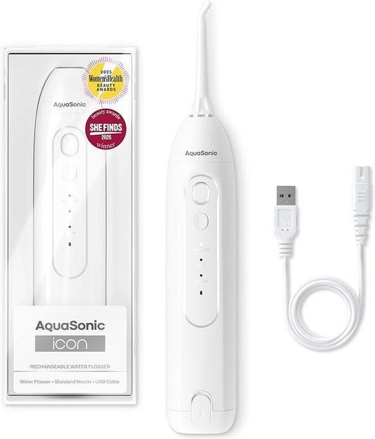 AquaSonic Icon Water Flosser for Teeth – Cordless Rechargeable Oral Irrigator – Waterproof, Portable Dental Cleaning with Jet Tip – Braces Home Travel - Pearl