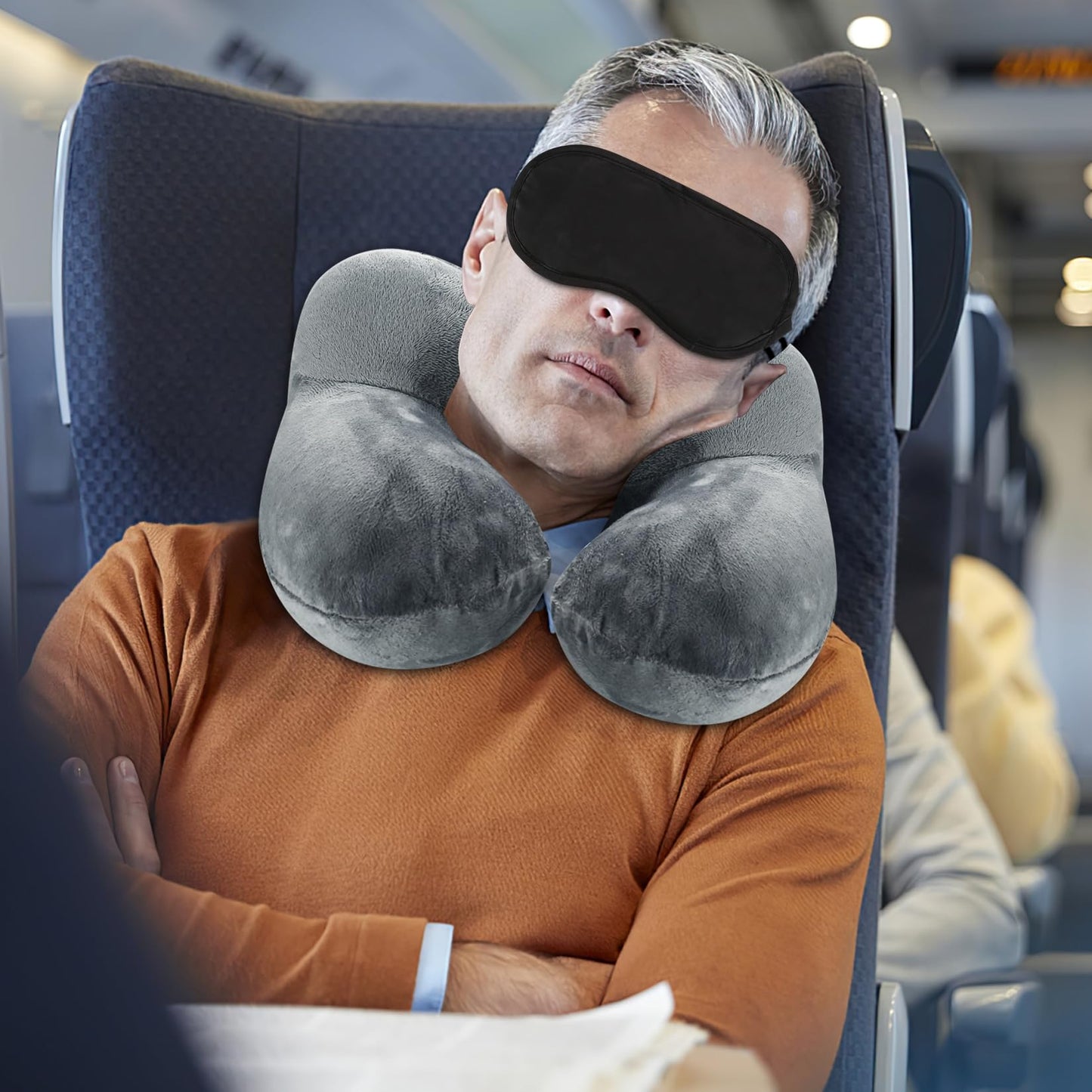 1 PcsInflatable Travel Pillows for Sleeping Airplane Inflatable Neck Pillow for Traveling Pillow Inflatable Travel Neck Pillows for Airplanes Sleeping, Train, Car, Office, with Eye Masks, Earplugs