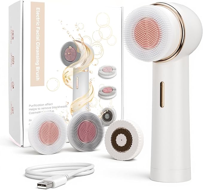 Bidirectional Rotation Facial Cleansing Brush for Women,Rechargeable Waterproof Face Exfoliator Brush for Deep Cleansing,Women Mom Her Christmas Gifts/Stocking Stuffer White