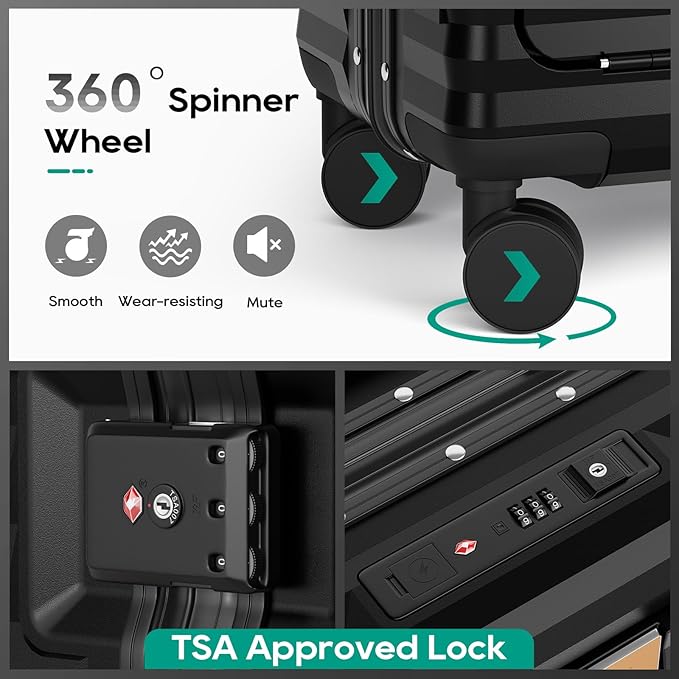 Joyway 20 Inch Carry on Luggage with Aluminium Frame and Front Pocket, PC Hardshell Suitcase with USB Port and Cup Holder, 21.5x14.2x9 Airline Approved, Luggage with Spinner Wheels and TSA Lock(Black)