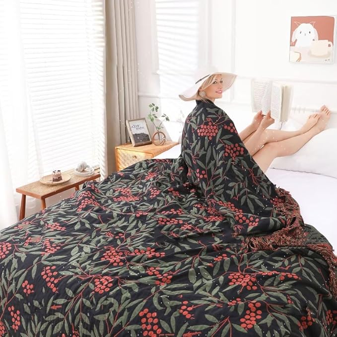 100% Cotton Throw Blankets 60"x80", Ultra Soft Lightweight Black Cotton Throw Blanket Muslin Throw Blanket Home Decor Blankets for Couch, Sofa,Beding Living Room