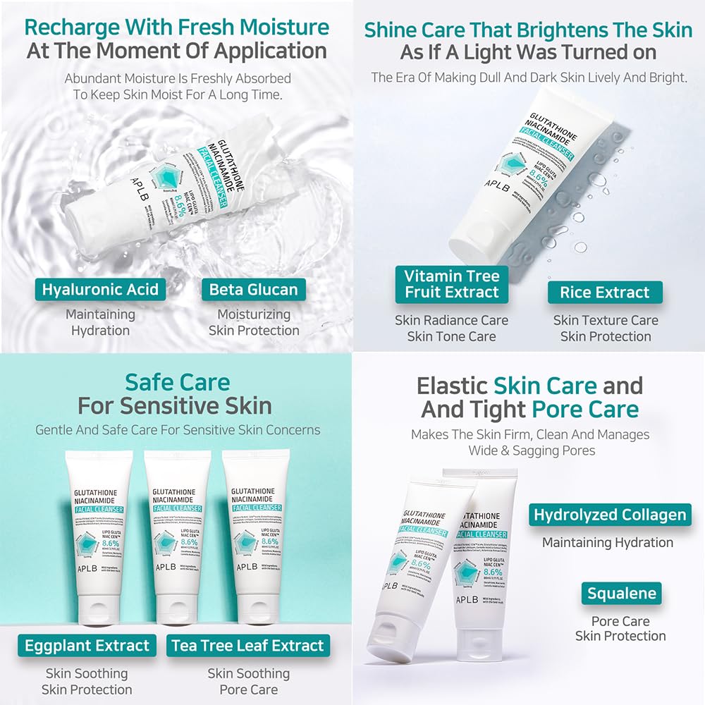 APLB Glutathione Niacinamide Facial Cleanser | LIPO GLUTA NIAC CEN™ 8.6% 2.71 FL.OZ/Korean Skincare, Cares for Tighten Pores & Sebum, Long lasting nourishment and deep moisture for soft skin