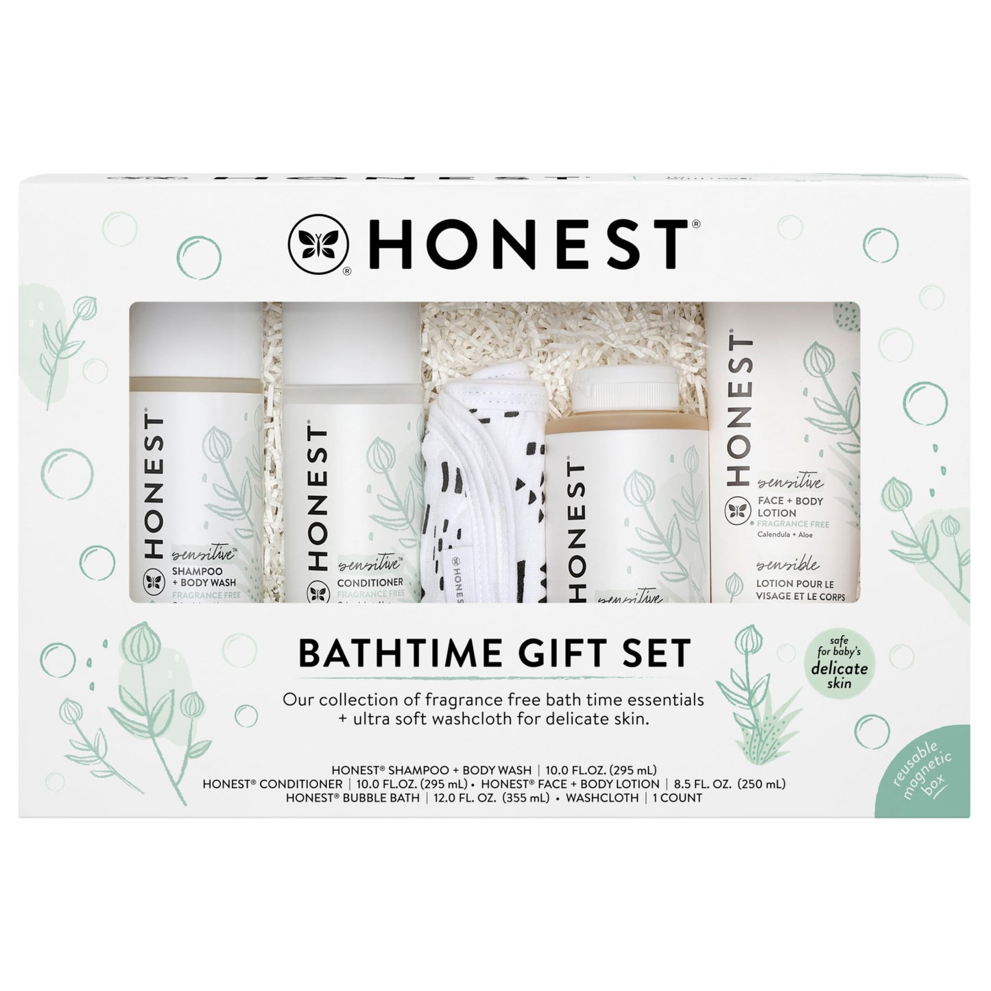 The Honest Company Fragrance Free Bathtime Gift Set | Hypoallergenic Bath Essentials for Sensitive Skin | Shampoo + Body Wash, Face + Body Lotion, Bubble Bath, Conditioner, Wash Cloth