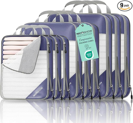 9 Set Compression Packing Cubes for Travel - Compressible, Lightweight, and Space-Saving Packing Cubes, Travel Essentials for Women, Bluish Purple
