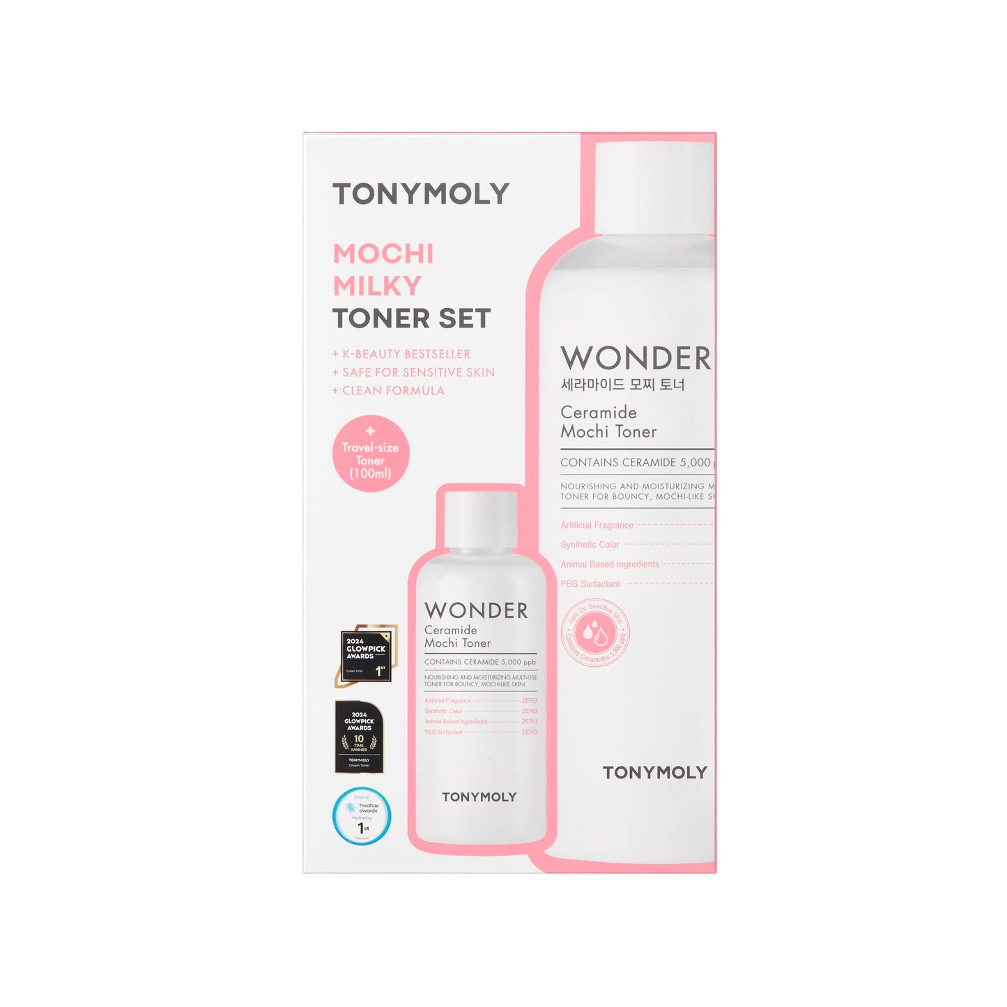 TONYMOLY Mochi Milky Toner Set – Hydrating Korean Toner with Ceramide, Cica, Panthenol & Hyaluronic Acid – Strengthens Skin Barrier, Soothes & Moisturizes – 500ml + 100ml Travel Size Duo