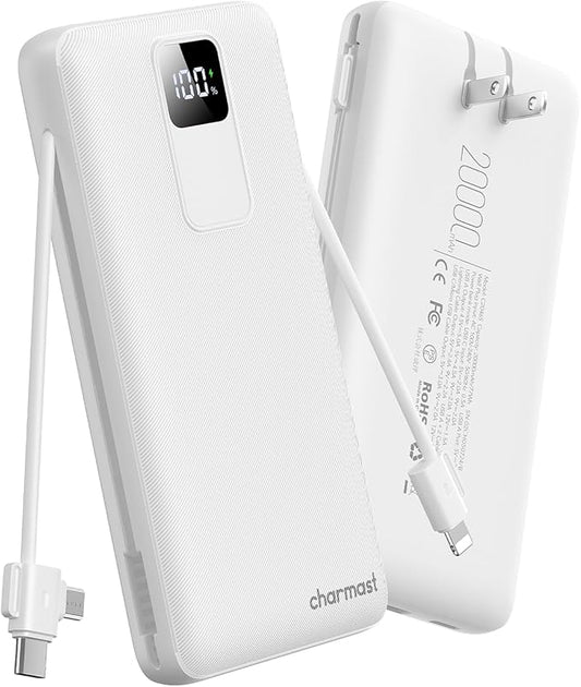 charmast 20000mAh Portable Charger with Built-in Cables & Wall Plug, 20W USB C Power Bank, Fast Charging Battery Pack Travel Essentials Compatible with iPhone 16/15/14 Series, Samsung, Google, iPad