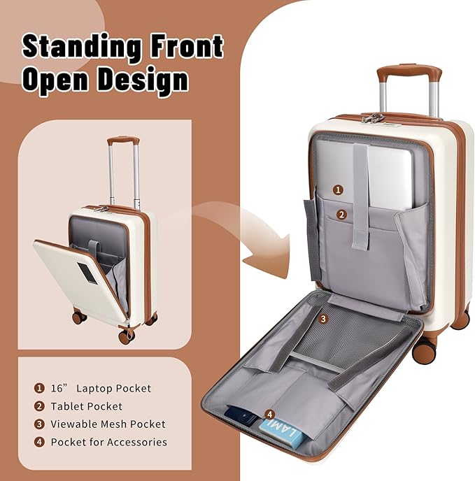 20 inch Small Carry On Luggage Front Open with Laptop Pocket, ABS+PC Hard Shell Suitcase with Spinner Wheels TSA Lock & YKK Zipper, 20in/Toiletry Bag/Handbag, Apricot Off White