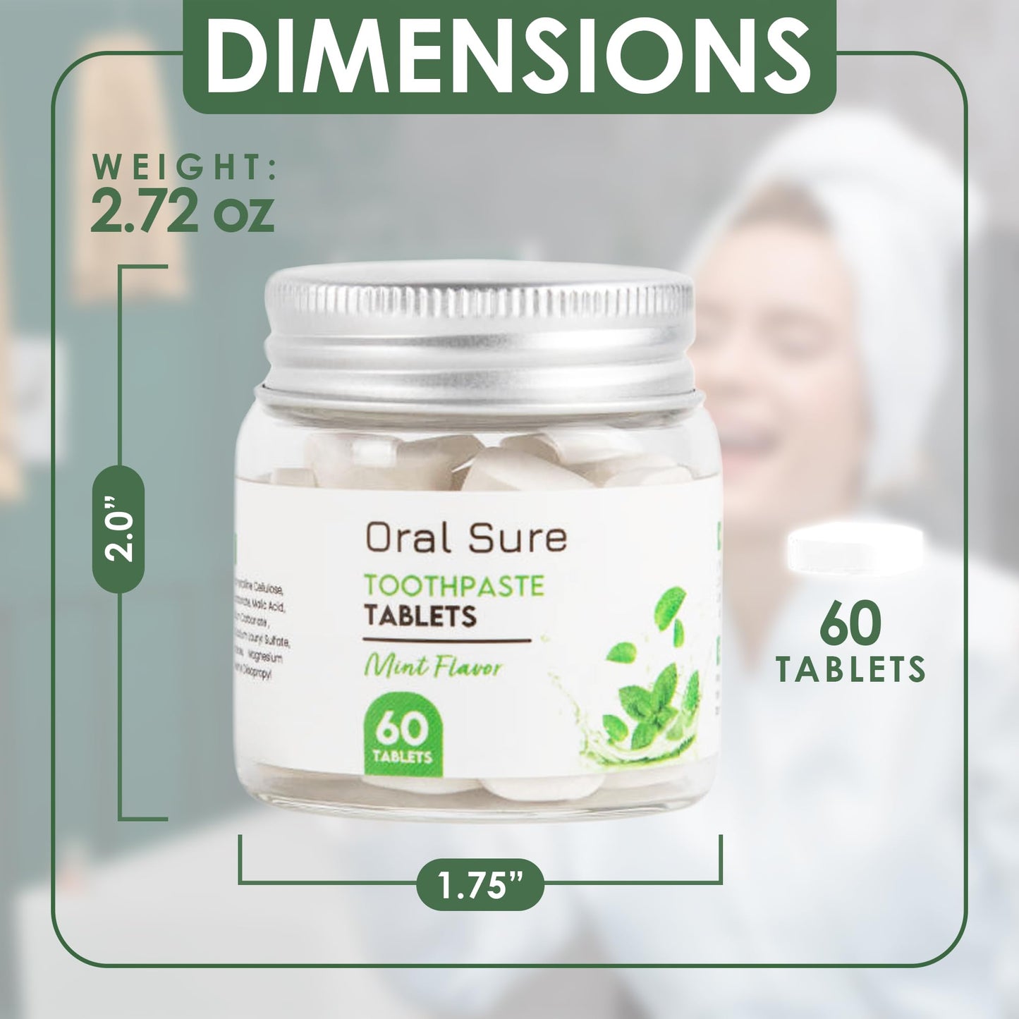 Oral Sure Toothpaste Tablets - Mint Flavor, Anti-Plaque, Anti-Cavity, Prevents Tooth Decay, Anti-Gingivitis, Oral Cleaner, Travel-Friendly, Fluoride-Free