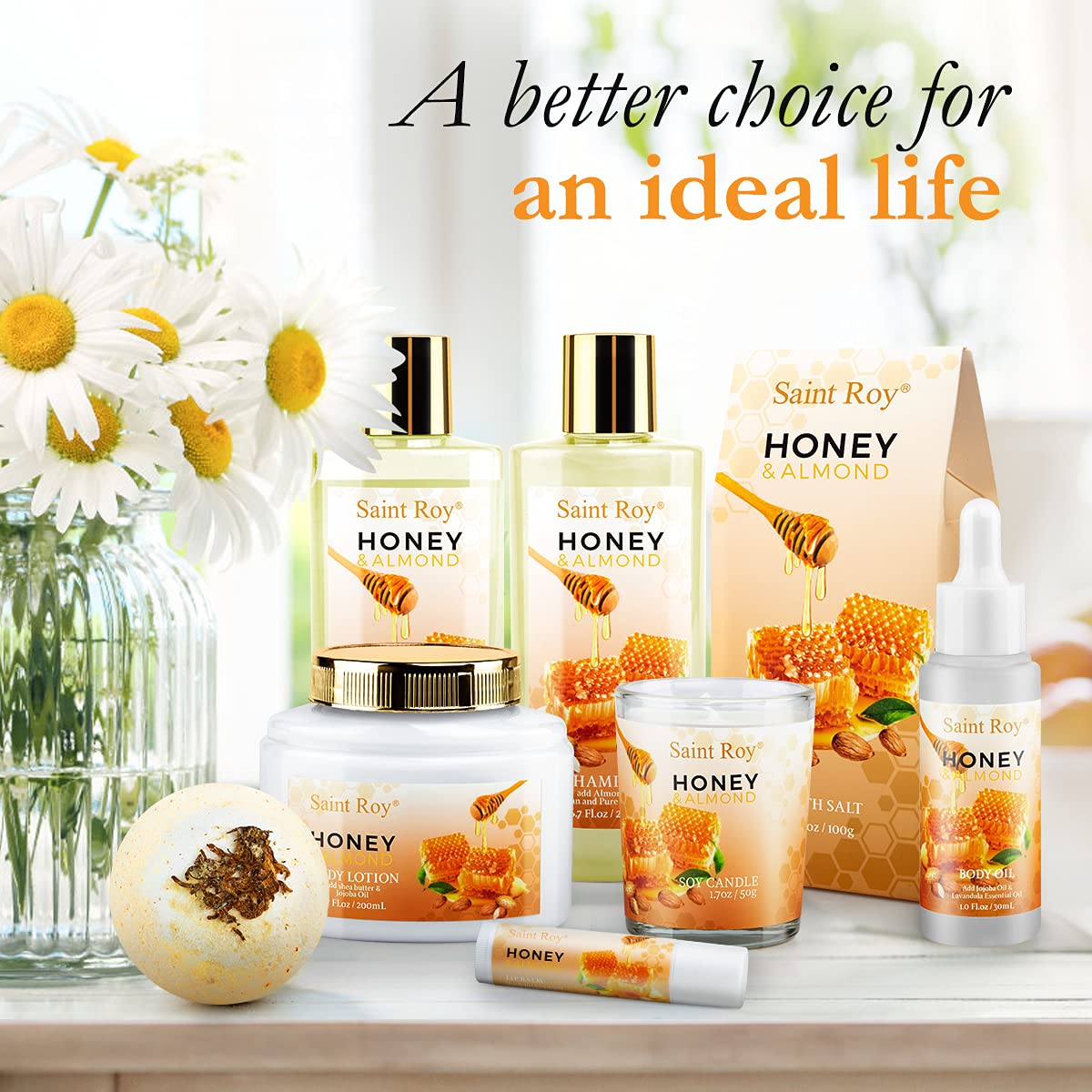 Bath & Body Gift Set, Luxury Home Spa Bath Gift Basket, Honey Almond Scented Bath Set, Pamper Gifts for Women Birthday gifts & Teens, Christmas Spa Gift, Home Spa Gifts for Women Men Dad