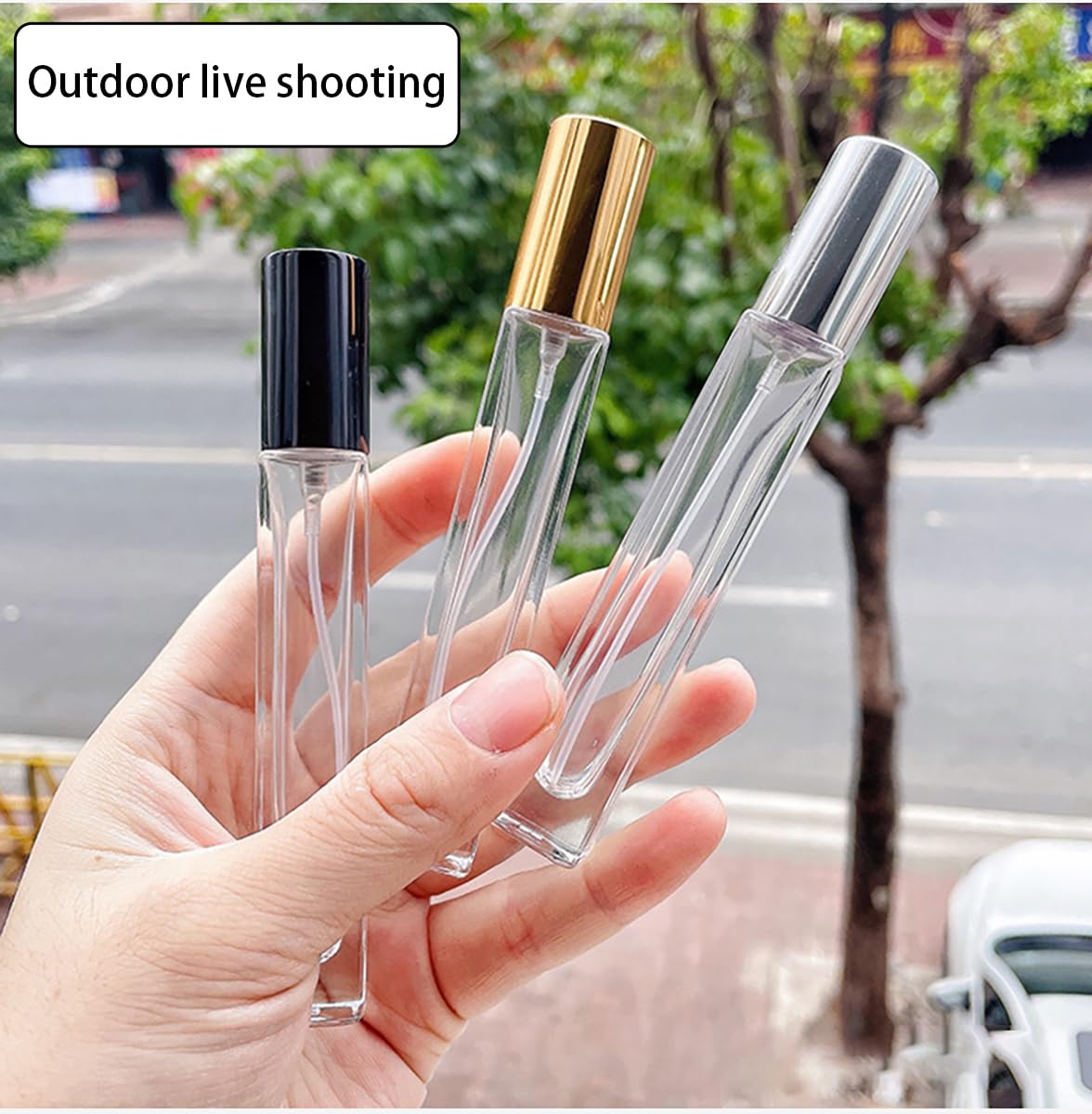 4 Pcs 10ML Transparent Glass Travel Refillable Mini Perfume Bottles Fine Mist Perfume Atomizer, Small Empty Sample Containers,For Perfume, Toner, Lotion(Gold/Sliver/Black Lid)
