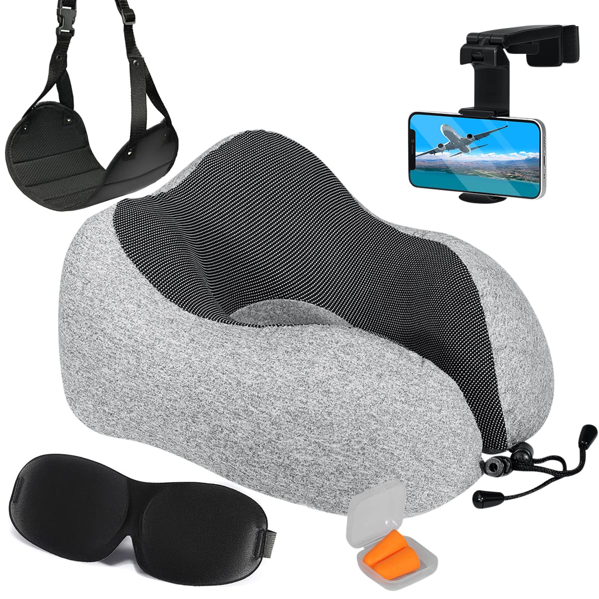 Airplane Neck Pillow Includes Travel Pillow + Airplane Phone Holder Mount + Eye Masks + Foot Hammock + Earplugs for Travel, 100% Pure Memory Foam Travel Pillow, 6 Pc Travel Kit