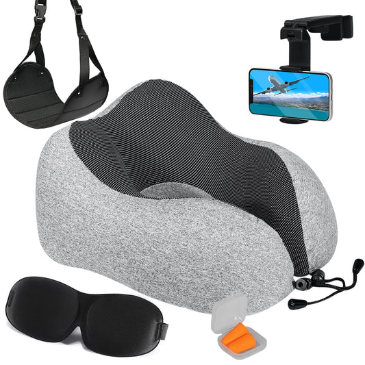 Airplane Neck Pillow Includes Travel Pillow + Airplane Phone Holder Mount + Eye Masks + Foot Hammock + Earplugs for Travel, 100% Pure Memory Foam Travel Pillow, 6 Pc Travel Kit