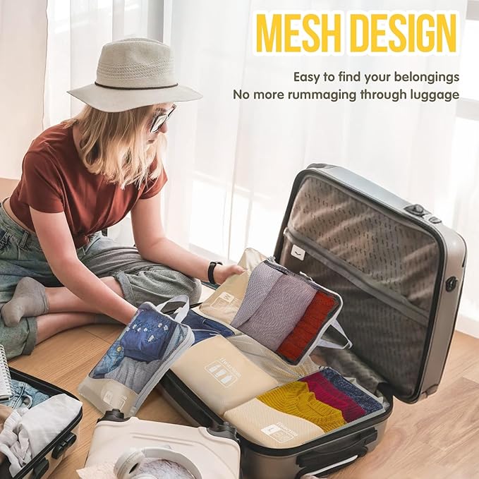 Compression Packing Cubes 8 Set, Dual Zipper Compression Packing Cubes for Travel, See-Through Mesh Packing Bags for Suitcases, packing cubes with shoe bag (Beige)