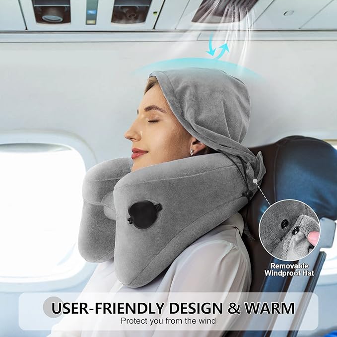 Sunany Neck Pillow for Travel Inflatable Airplane Pillow Comfortably Supports Head,Neck and Chin,Inflatable Travel Pillow with Soft Velour Cover,Hat,Portable Drawstring Bag (Grey)