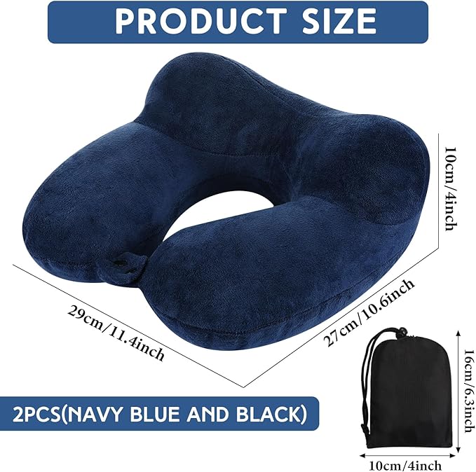 Sintuff 2 Pack Inflatable Travel Pillow for Airplanes Inflatable Neck Flight Pillows with Compact Bag and Blindfold for Traveling, Airplane, Train, Car, Office(Black and Blue)
