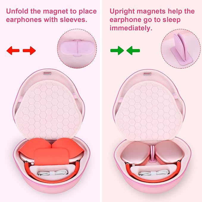 BOVKE Hard Carrying Case with Sleep Mode for Apple AirPods Max Wireless Over-Ear Headphones, AirPods Max Protective Portable Storage Bag with Mesh Pocket for Headphone Accessories, Pink