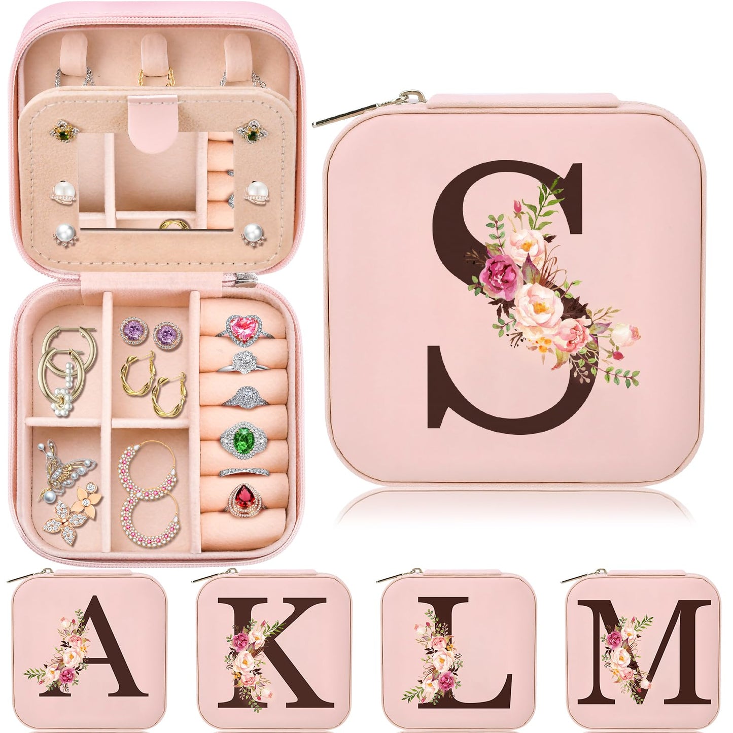 Travel Jewelry Case Box Organizer, Personalized Gifts for Women Wife Mom Aunt, Mothers Day Mom Gifts from Daughter Son, Bridal Shower Giftware for Women, Bridesmaid Proposal Unique Presents, Initial S