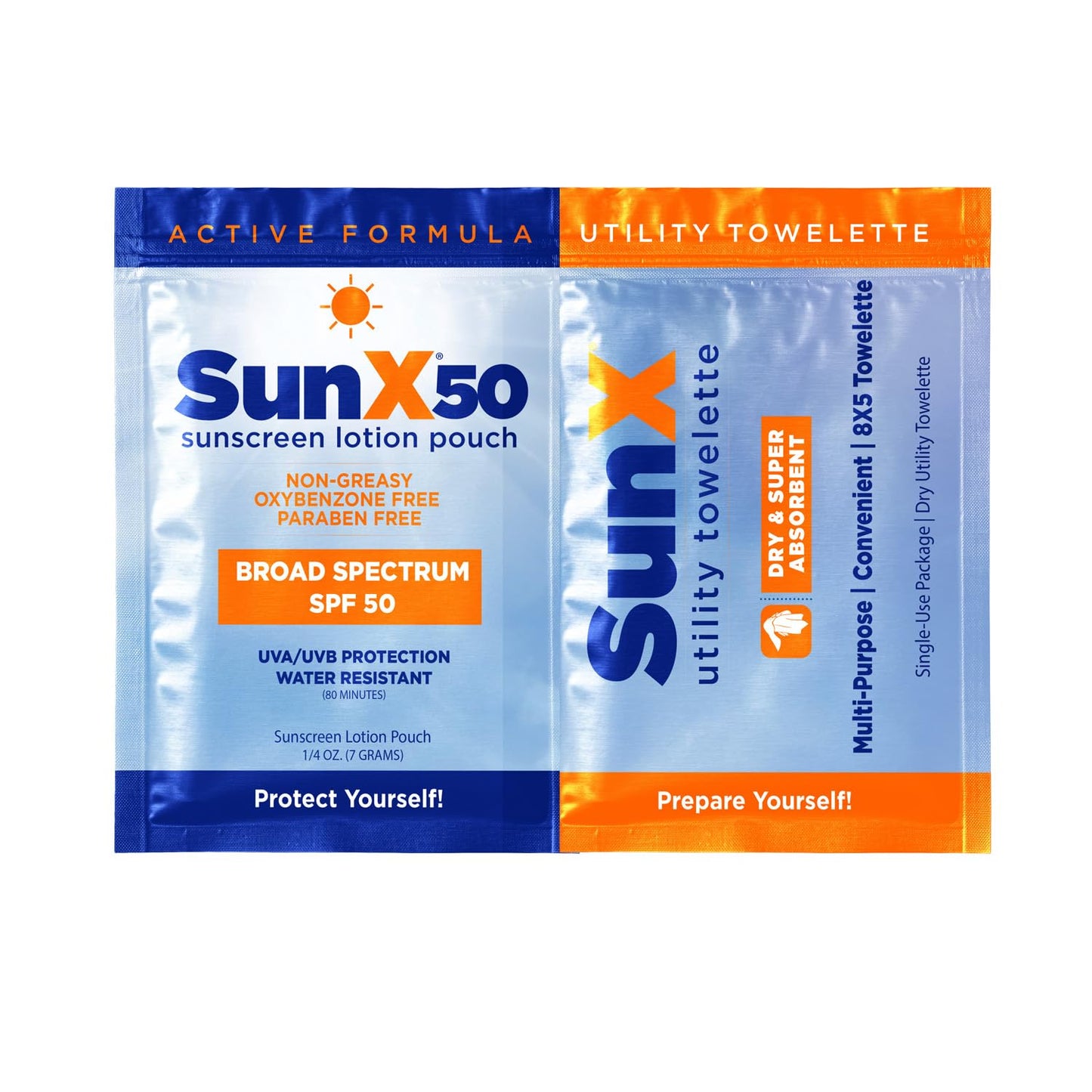 CoreTex Sun X 50 Broad Spectrum Sunscreen Packets & Dry Towels Duo Kit - Pack of 25 Paraben, Oxybenzone, Octinoxate, & Oil Free Sunscreen - No White Cast and Water & Sweat Resistant Up to 80 Minutes